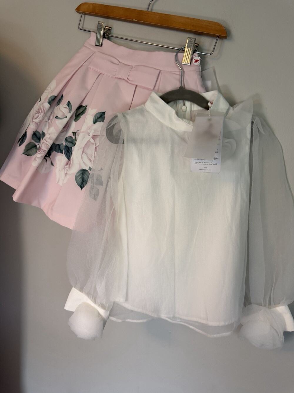 MAMA LUMA Girls Sz 5-6 Pink Floral Skirt And White Long Sleeve Blouse NWT